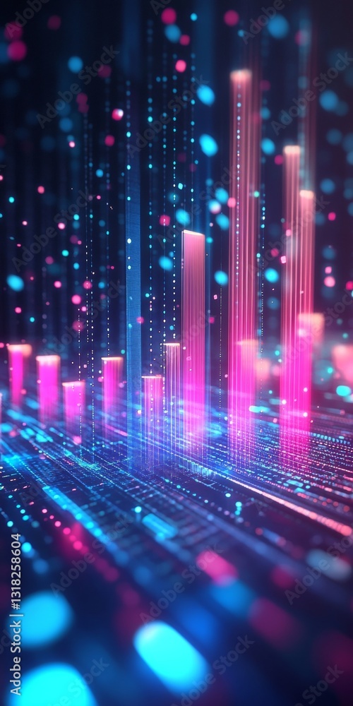 Poster abstract digital data visualization with neon lights and graphs creating a futuristic atmosphere