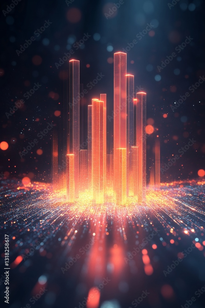 Poster abstract visualization of energy flow with vertical bars and hovering light particles