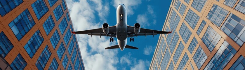 Obraz premium A jet flying above a scyscraper