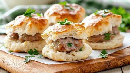 Delicious homemade biscuits with savory sausage filling and fresh parsley garnish on rustic wood board