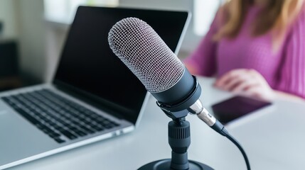 A laptop computer and a microphone on a table in a bright and modern workspace emphasizing creativity and productivity in a professional setting