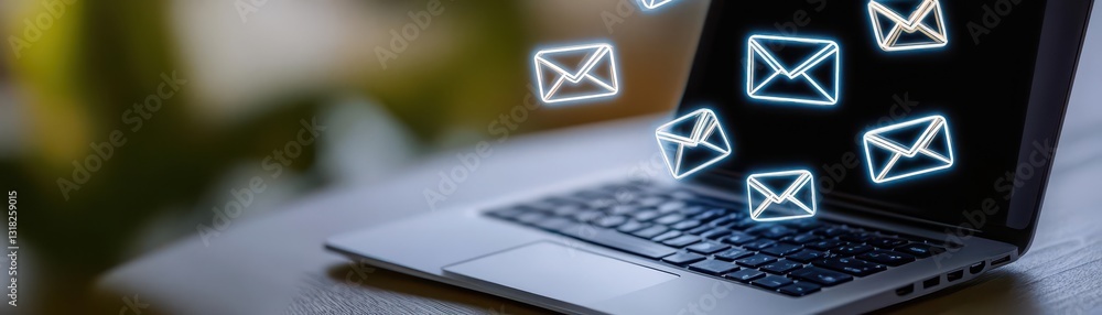 Poster a laptop displays glowing email icons, symbolizing digital communication and connectivity in a moder