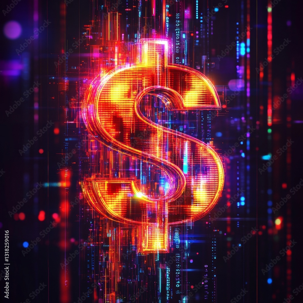 Poster illuminated dollar symbol surrounded by colorful digital data streams and vibrant light effects