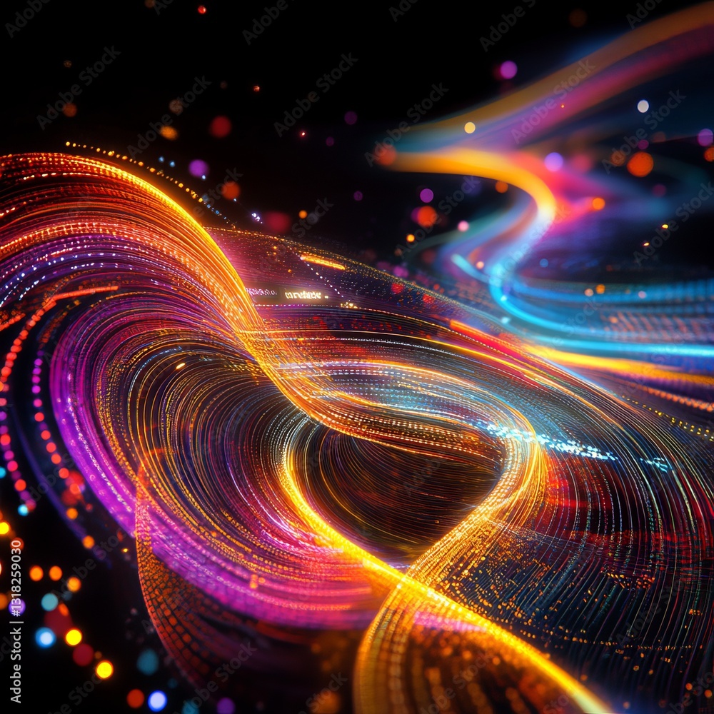 Poster this mesmerizing abstract image showcases vibrant swirling light trails in a dynamic digital space, 