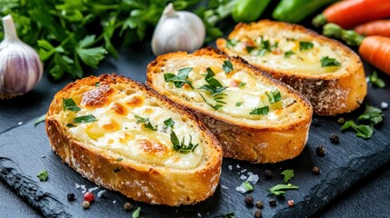 Delicious baked bread with melted cheese and fresh parsley on a black stone board food photography