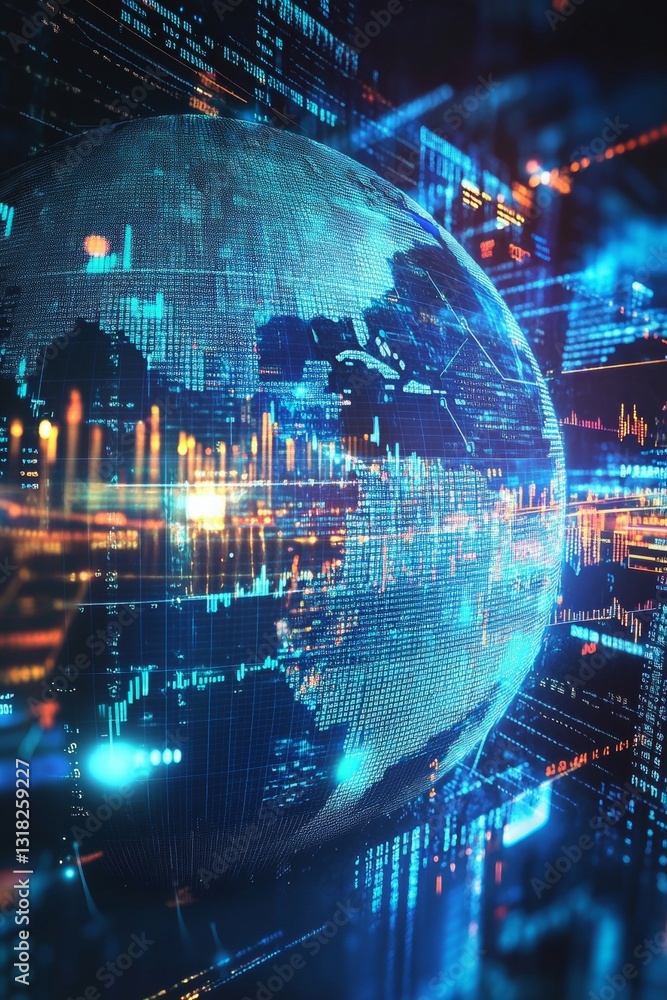 Poster digital global network visualization with earth and data flow in futuristic colorful background
