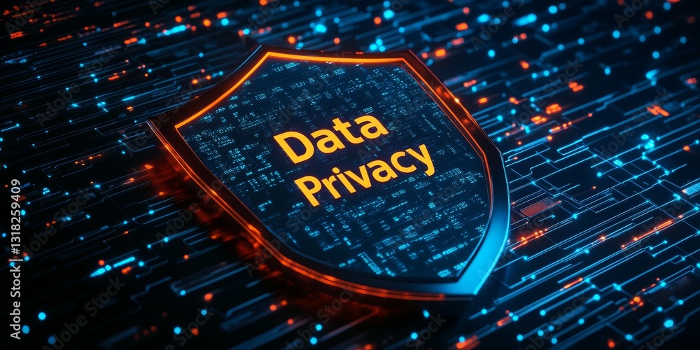Poster a striking visual representation of data privacy featuring a digital shield against a tech-inspired 