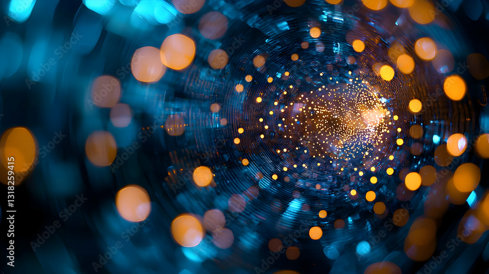 Poster abstract background with blue and gold bokeh lights effect and defocused blurred particles in a drea