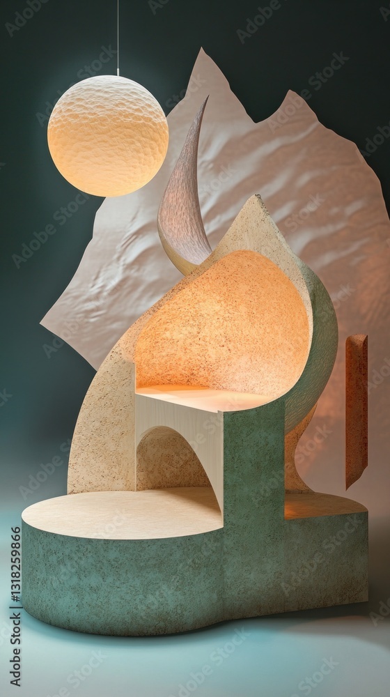 Poster geometric architecture with orb light in desert scene a striking studio shot perfect for design insp