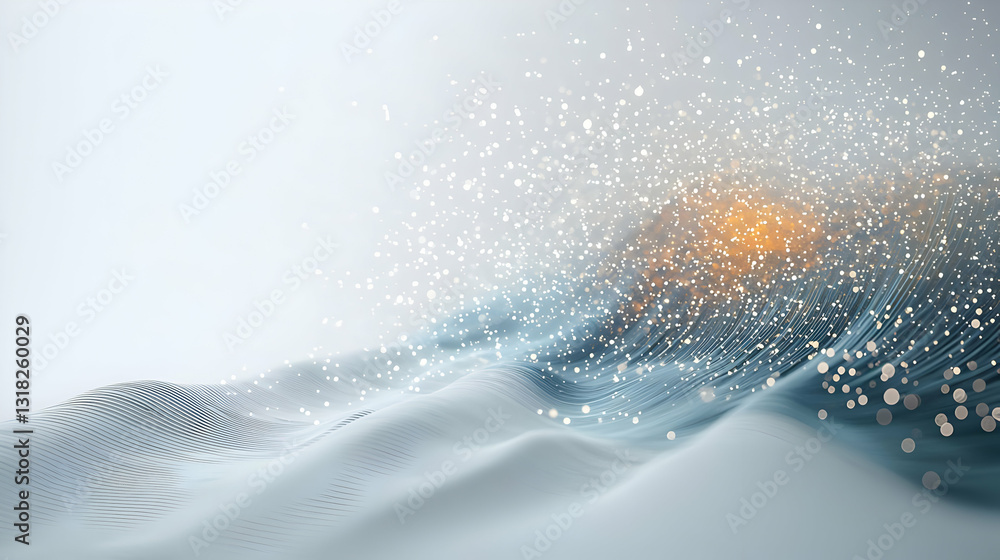 Poster abstract digital landscape with glowing particles and dynamic waves blue and white gradient futurist