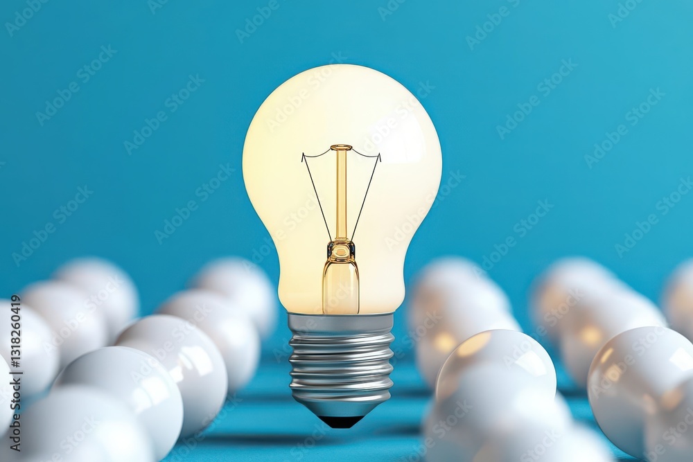 Poster a light bulb is surrounded by many other light bulbs the light bulb is the only one lit up, while th