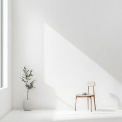 Minimalist interior with soft light casting shadows a wooden chair and a plant in serene empty space