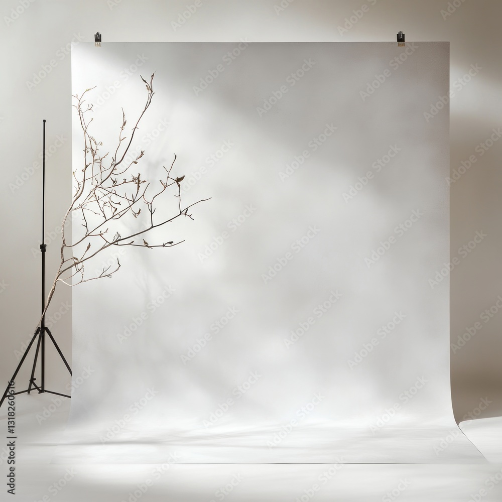 Poster minimalist studio scene with branch and soft shadows neutral backdrop photo shoot empty white space