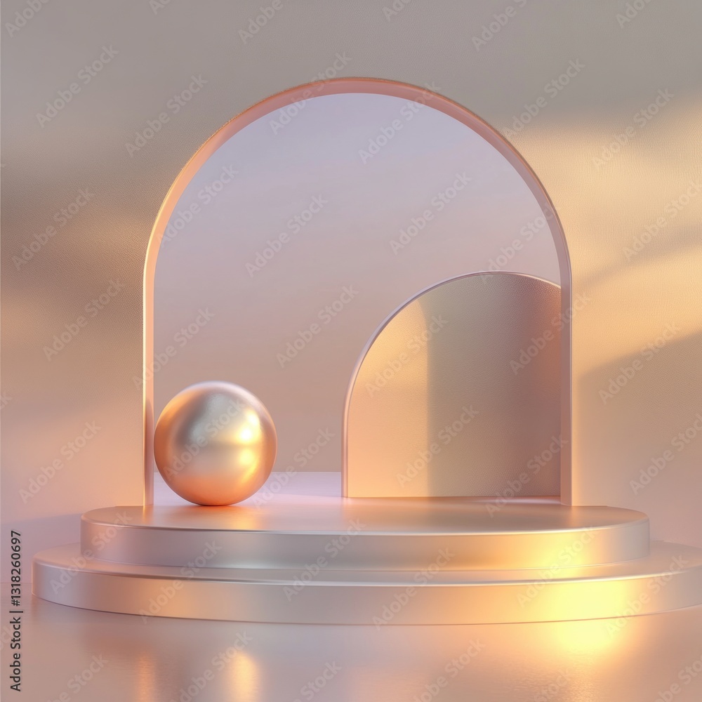 Poster elegant product display stand golden sphere with arch backdrop soft lighting and neutral background