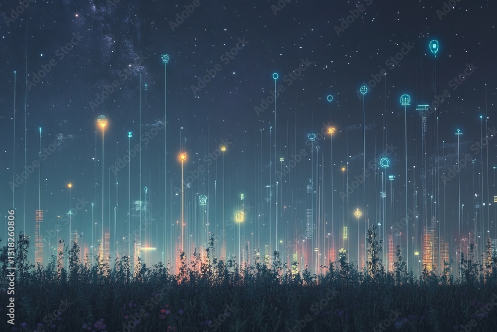 Poster a captivating digital landscape featuring glowing data points rising from a serene field at night, b