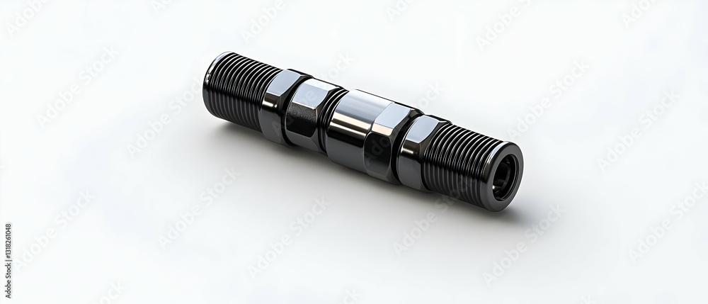 Poster close up of a shiny metallic connector fitting with knurled ends on a white background in a studio s