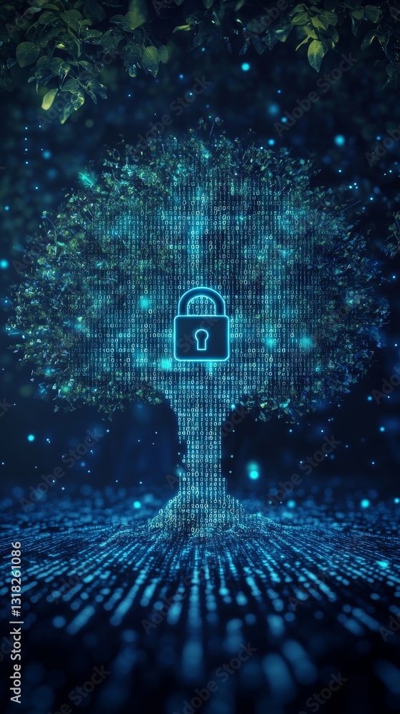 Poster a digital tree featuring a prominent padlock symbol, representing the intersection of nature and dat