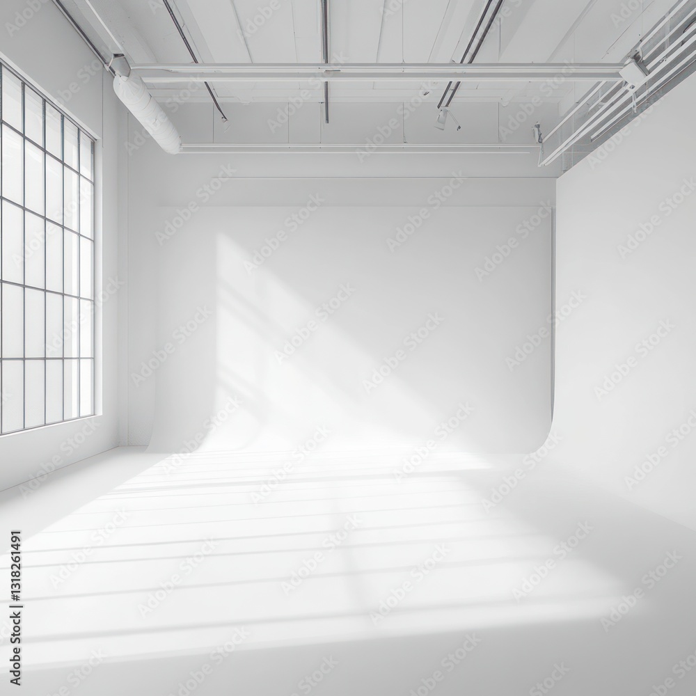 Poster serene and minimalist studio space filled with soft natural light from window creating a modern ambi