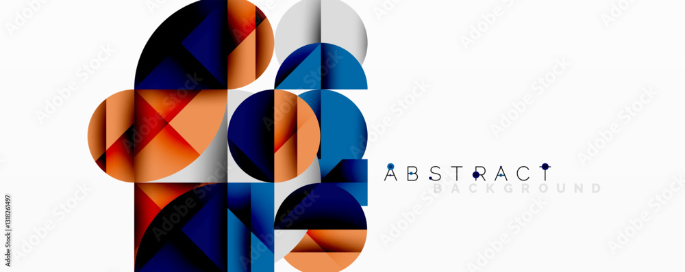 Poster Abstract geometric artwork with overlapping circles and gradients, circle square triangle shapes background featuring sharp angular cuts, smooth shading, and structured layered composition
