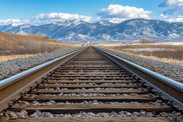 A long straight set of railroad train tracks disappear in the distance through the mountains in the rural Inland Northwest area of North Idaho on a partly cloudy afternoon