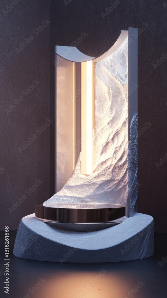 Poster minimalistic abstract product display podium stand with textured white surfaces and illuminated ligh