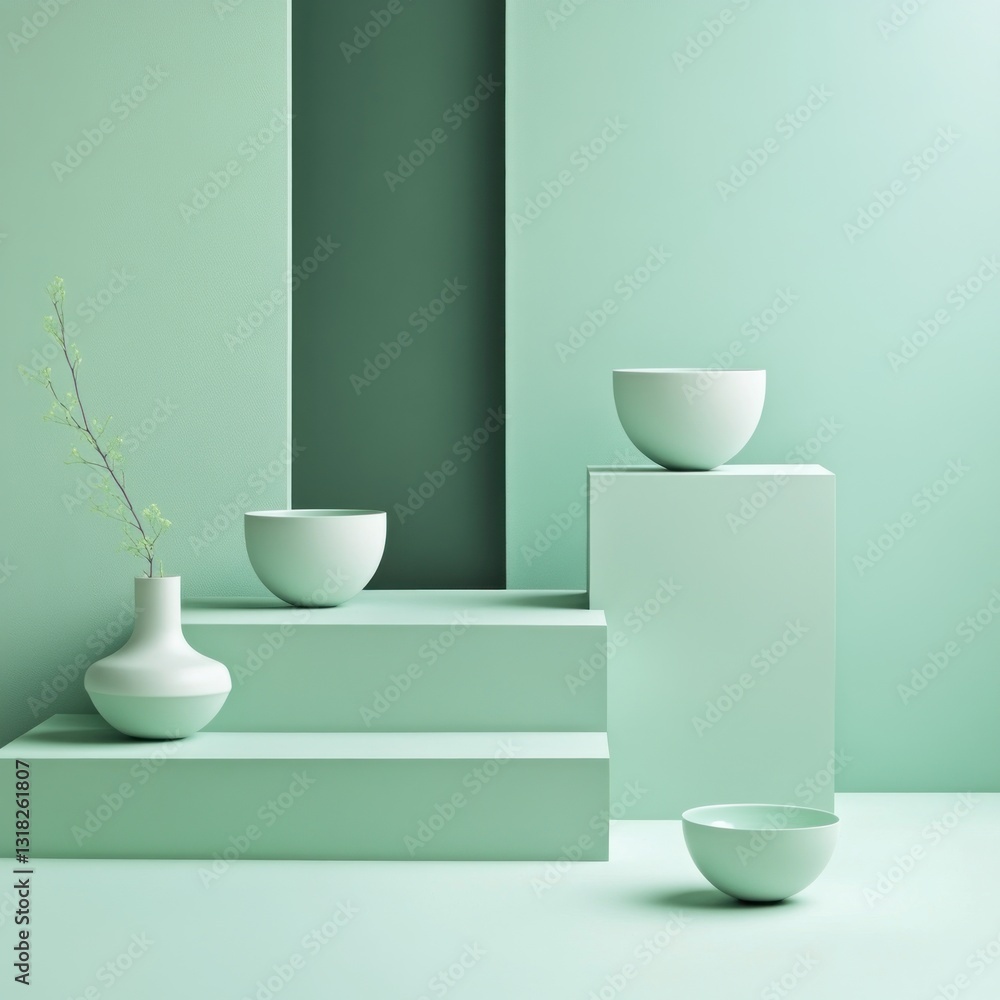 Aufkleber serene mint studio with minimalist geometrical structures bowls and vase creating soft and calm envi