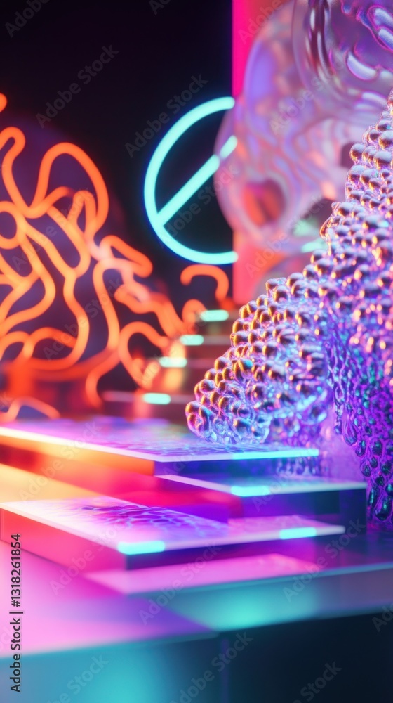 Poster abstract stage with neon light and bubble tower creative design for background in product display