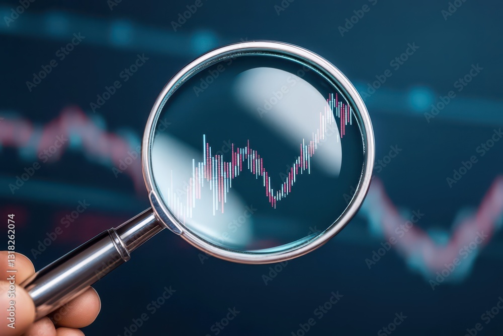Aufkleber a magnifying glass over an abstract digital chart with upward trending lines, representing stock mar