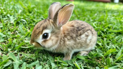 A baby rabbit nibbling on fresh grass in a green field