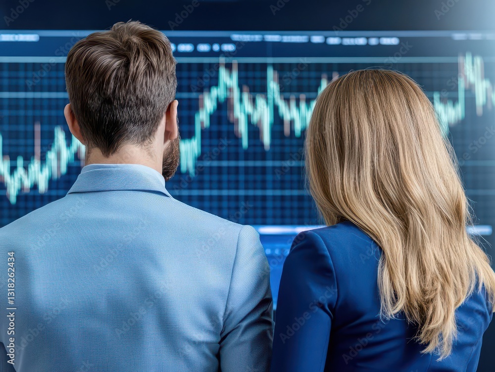 Poster a man and woman stand in front of a large screen, analyzing financial charts together in a professio