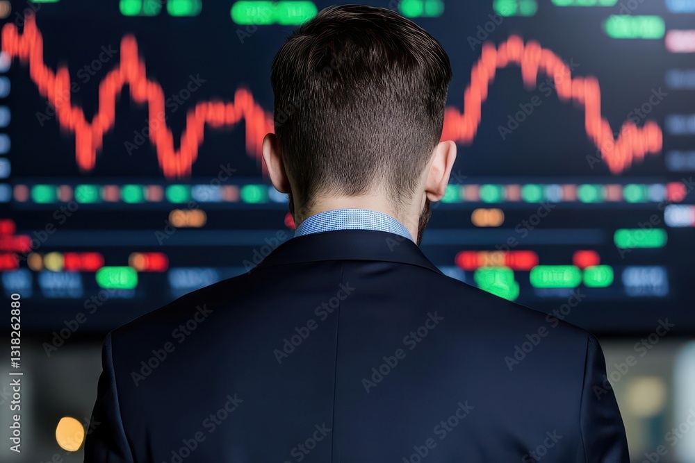 Poster A man in a suit with his back turned in front of a large screen displaying stock market data