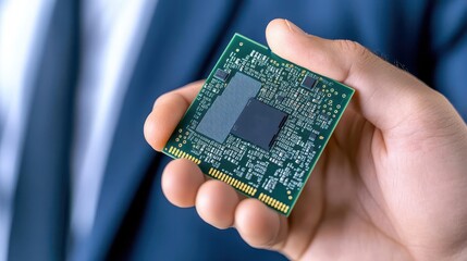 A man is holding a computer chip in his hand