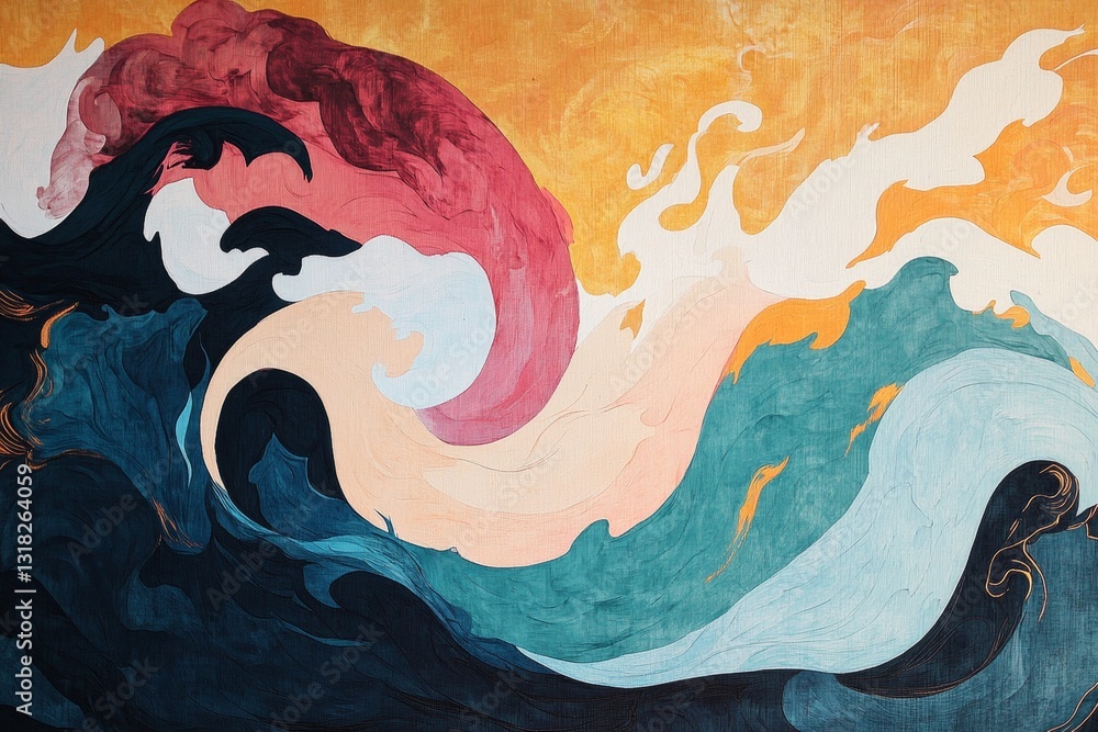 Poster experience the beauty of abstract waves depicted in vibrant tones, featuring flowing patterns and dy