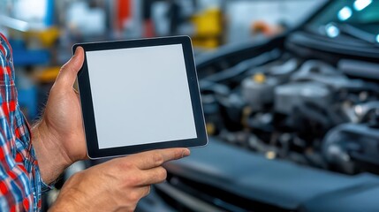 a mechanic holding an iPad with a blank screen in front, the background showing the interior and engine bay of a car workshop, with various tools visible on the workbench