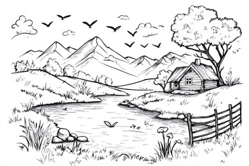 Fototapeta premium Cabin by lake, mountain view, birds flying, nature scene, idyllic illustration