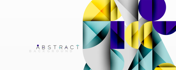 Abstract geometric design with intersecting circles, triangles, squares and sharp angles creating a layered composition with gradients, depth, and contrast