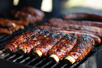 A sizzling bbq photo of various meats and vegetables