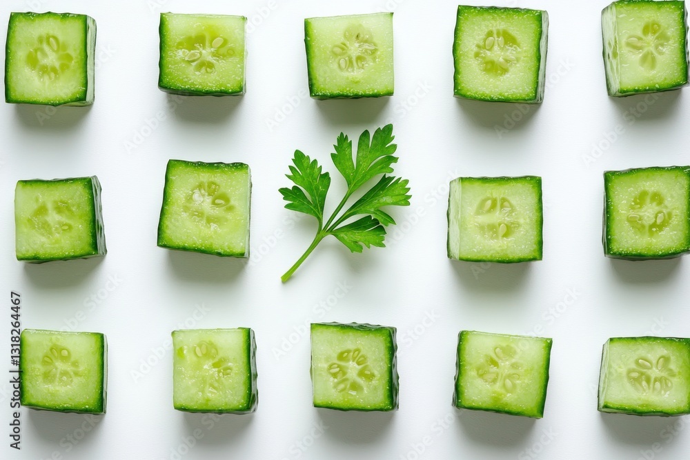 Poster refreshing pattern of fresh cucumber cubes and parsley sprig on white backdrop in a flat lay view