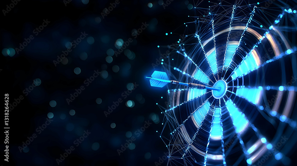Poster abstract blue glowing target with digital data stream in futuristic cyberspace environment with glow