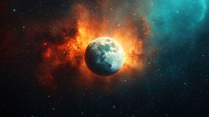 Celestial body engulfed in cosmic nebula