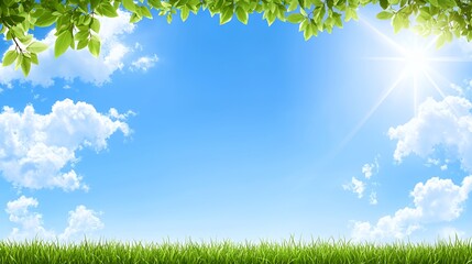 Bright Sunny Day Landscape with Blue Sky Green Grass and Lush Leaves