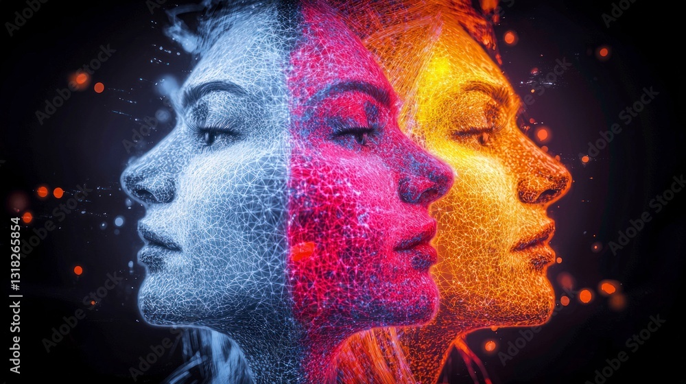 Poster abstract ai faces triple portrait generative art colorful high resolution