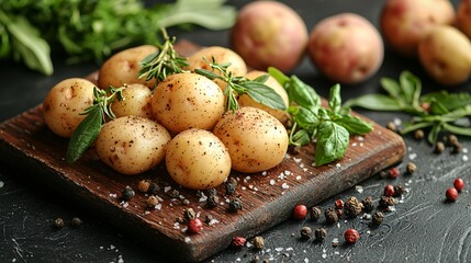 Fresh Potatoes with Herbs on Wooden Board