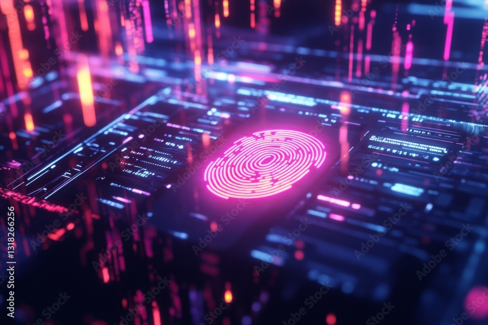 Poster futuristic digital fingerprint on a neon circuit board with glowing data streams