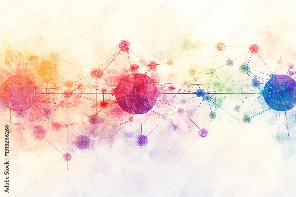 Poster this colorful abstract illustration showcases a network of interconnected circles and lines, symboli