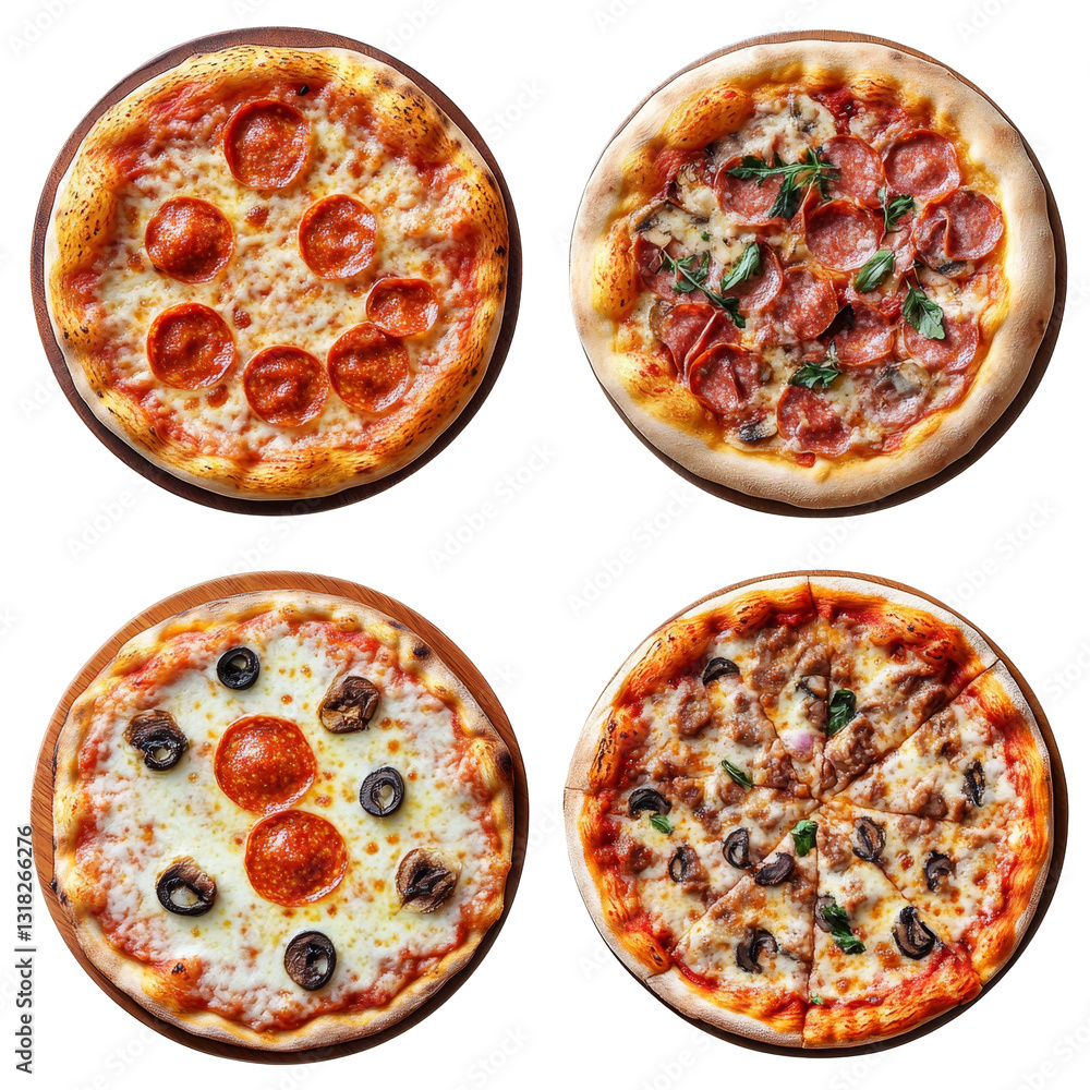 Aufkleber four delicious pizzas displayed in a collage with various toppings on a transparent background for a