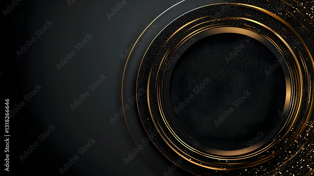 Poster luxurious black and gold abstract circular design with glitter texture on dark background for elegan