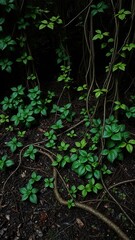 Obraz premium Dark forest ground with tangled vines and green leaves, dark, wet ground, overgrown