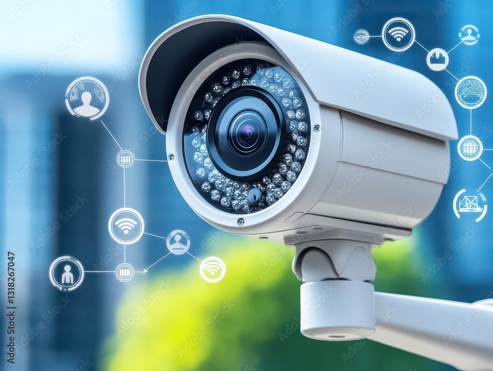 Poster a modern security camera with connected network connections and icons of people