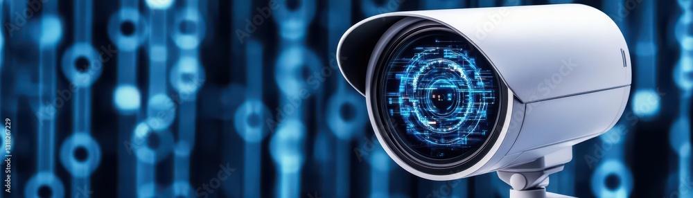 Poster a modern surveillance camera with a double exposure of the cybersecurity interface in the future the